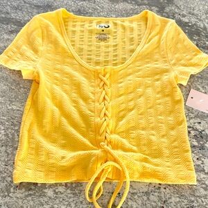 SO Luminous Yellow Lace-Up Ribbed Knit Top Size Medium NWT